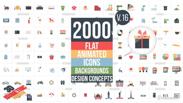 AE模板：2000个MG扁平化多类型Icon图标场景动画工具包 V16