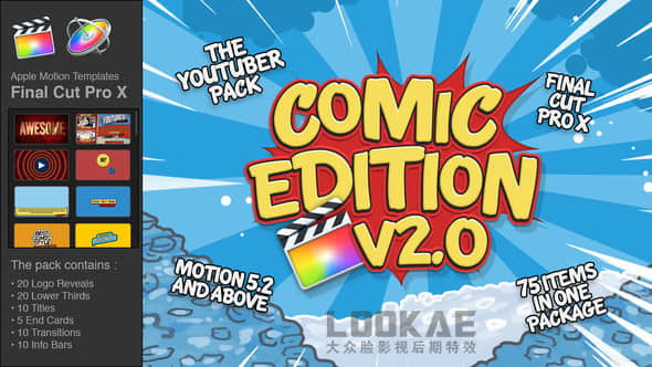 FCPX插件：卡通动漫LOGO标题转场字幕条包装动画包 Comic Edition V2 + 使用教程