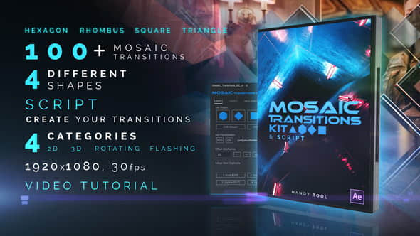 AE模板+脚本：100种多边图形拼接马赛克转场效果包 Mosaic Transitions Kit