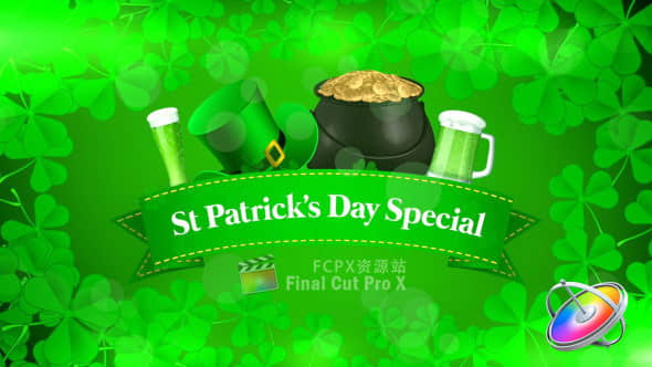 Apple Motion模板：绿色三叶草图文标题展示 St Patrick’s Day Special Promo