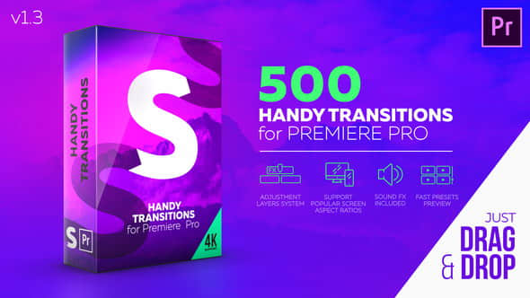 Premiere模板：500种缩放冲击平移扭曲干扰炫光转场 Handy Transitions PR模板免费下载