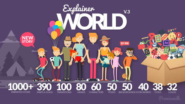 AE模板：现代时尚扁平化卡通人物角色图标场景MG动画包 Explainer World Video Toolkit Library V3