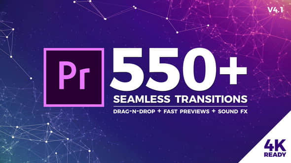 Premiere模板：550个冲击缩放干扰破损平移扭曲炫光转场+音效 Seamless Transitions