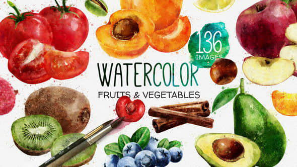 AE模板：水果蔬菜美食水彩元素动画包装 Watercolor Fruits And Vegetables
