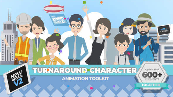 AE模板-360度可旋转卡通人物角色场景MG动画包V2 Turnaround Character Animation Toolkit