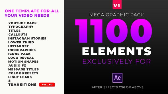 AE模板-1010个转场字幕条标题图形呼出线条边栏LOGO排版设计包装Mega Graphics Pack