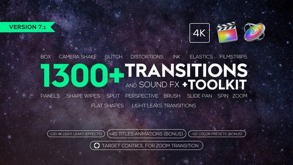 FCPX插件-858个冲击缩放平移滑动扭曲水墨炫光转场+音效素材 v7.1