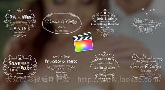FCPX插件-8种手绘线条婚礼名字日期标题动画 第四季