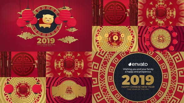 AE模板-中国风红色剪纸新年快乐片头 Chinese New Year 2019