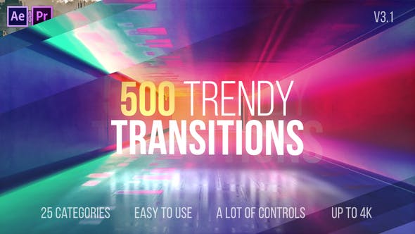 AE模板-500种信号干扰破损图形水墨画笔平移旋转扭曲视频转场 Transitions v3.1