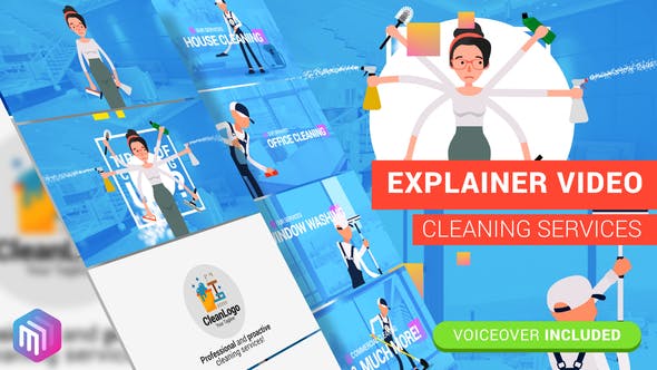 AE模板-扁平化家政保洁服务行业卡通人物MG动画 Cleaning Services-精品资源站