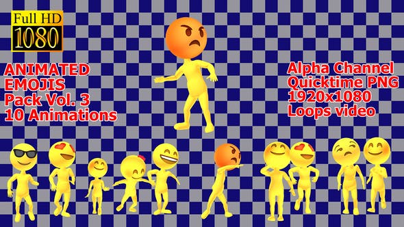 第三季 10个可爱卡通Emojis表情人物动画高清视频素材（有透明通道）Emojis Pack V3