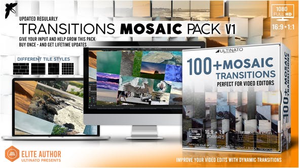 AE模板-100种马赛克三维方块翻转视频墙转场效果 Transitions Mosiac Pack