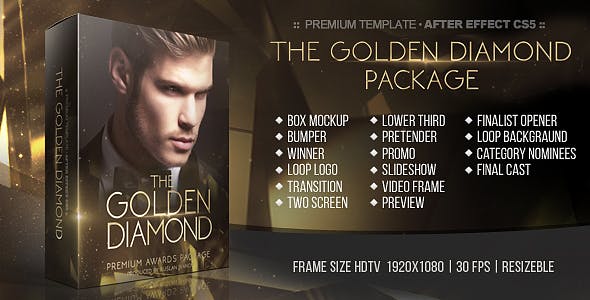 AE模板-华丽史诗金色粒子公司年会活动颁奖典礼图文开场片头 The Golden Diamond Awards Package