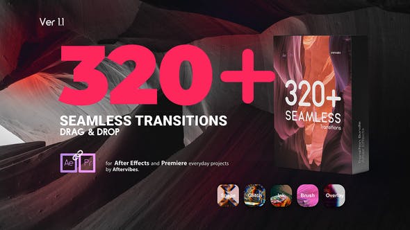 AE模板-320种干扰毛刺全景旋转飞行偏移摇动墨水拆分光效图形缩放过渡视无缝频转场预设 Transitions