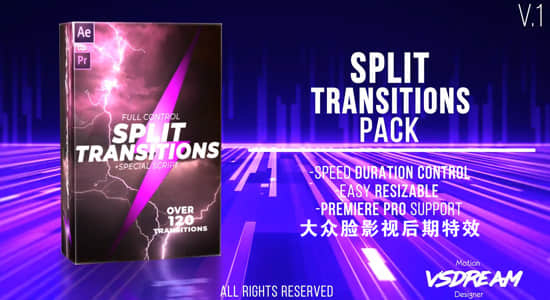 AE模板-120种动感图形遮罩画面分离切割视频转场预设 120 Split Transitions Pack