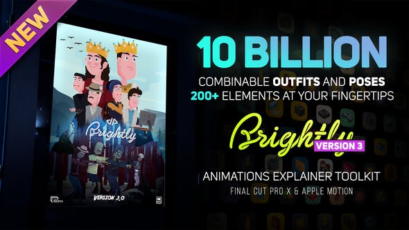 FCPX插件-卡通人物角色场景解说转场图标MG动画元素包 Brightly V3 + 使用教程