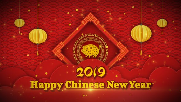 AE模板-红色剪纸风格粒子灯笼LOGO标志中国新年片头 Chinese New Year 2019