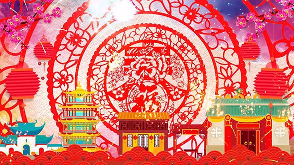 视频素材-红色喜庆特色建筑物剪纸风格新春福字年会节目舞蹈背景循环视频动画