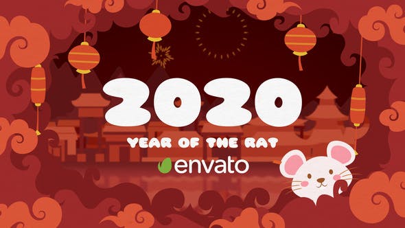 AE模板-喜庆可爱卡通图形风格2020新春鼠年片头 Chinese New Year