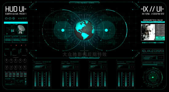 AE模板-科技感数据信息地球雷达扫描UI界面元素 HUD Earth GPRS