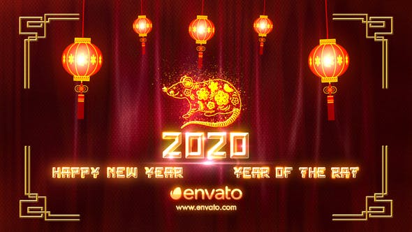 AE模板-红色喜庆粒子灯笼2020中国鼠年片头 Chinese New Year 2020