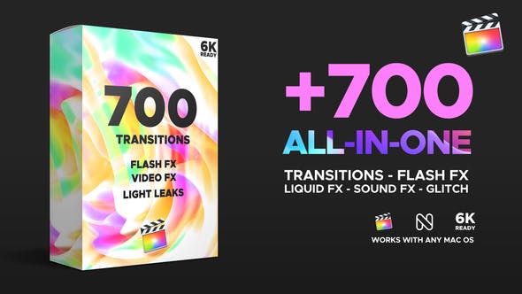 FCPX插件-700个缩放拉伸扭曲冲击平移旋转干扰刮痕烟雾炫光分割无缝视频转场+LUTS素材音效