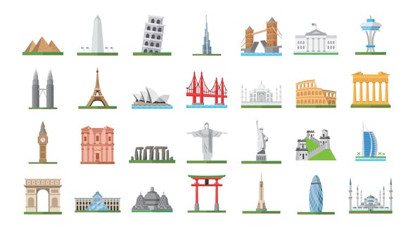AE模板-100种扁平化世界名胜建筑旅游景点MG图标动画 100 World Landmarks Icons