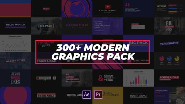 AE/PR预设模板-300种现代时尚设计文字标题字幕条排版动画 300+ Modern Graphics Pack