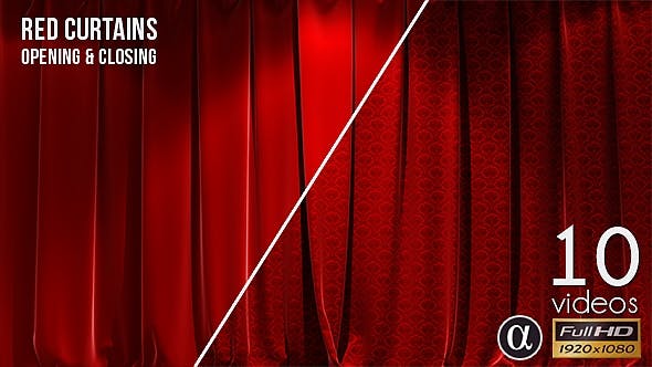 视频素材-10组红色舞台幕布窗帘打开揭示动画素材 3D Realistic Red Curtains Opening & Closing