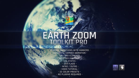 AE模板-太空地球俯冲定位地图位置标记放大展示介绍工具包(含脚本) Earth Zoom Toolkit Pro