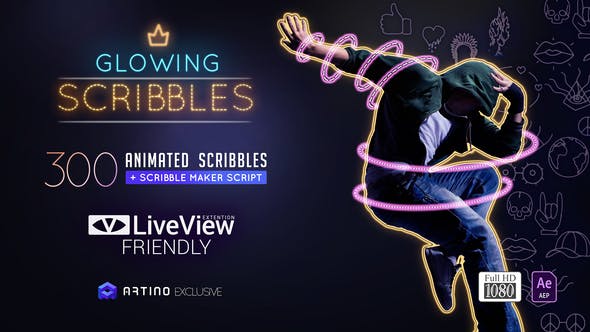 AE脚本插件-300种发光涂鸦线条描边霓虹图形动画元素工具包 Glowing Scribble - Neon Fx Pack