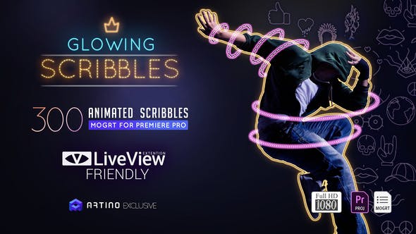 PR脚本插件-300种发光涂鸦线条描边霓虹图形动画元素工具包 Glowing Scribble for Premiere
