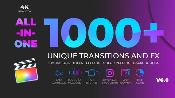 FCPX插件-1000个拉伸旋转缩放图形水墨光效VHS故障分割转场特效调色标题插件V6