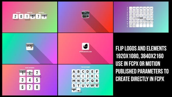FCPX插件-翻页LOGO字母数字倒计时日历计数器时钟元素动画 Flip Logos Elements