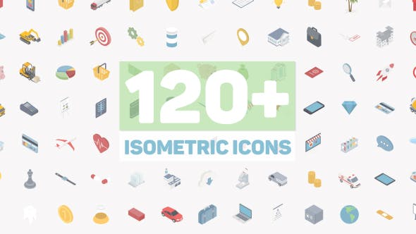 AE模板-120个二维扁平化商务生活交通建筑网络等距图标动画 Isometric Icons