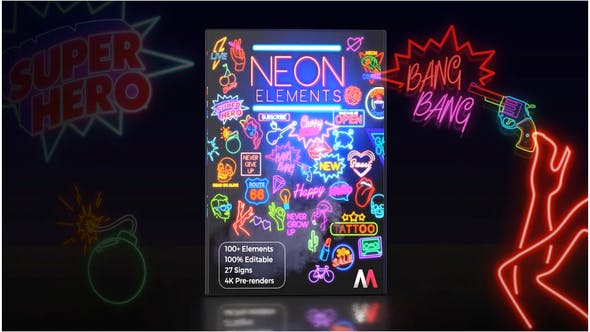 视频素材+AE模板-100种现代时尚霓虹发光图形动画元素包 Neon Elements 4K