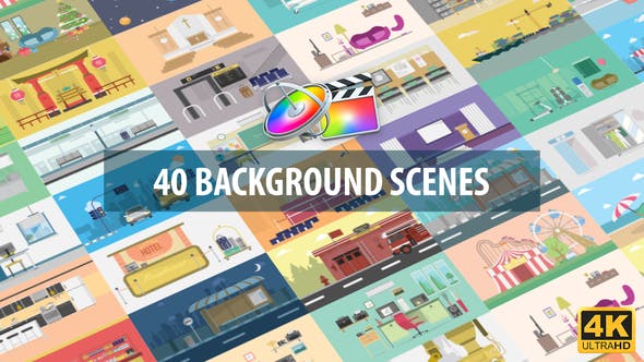 FCPX插件-40个二维扁平化卡通场景动画背景 Mix Background Scenes