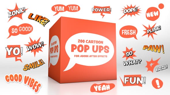 AE模板-200个动漫卡通综艺气泡弹窗贴纸文字标题动画 Cartoon Pop-Ups