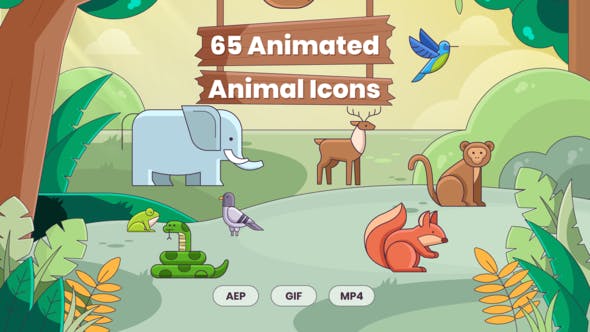 AE模板-65个可爱卡通童话动物图标动画 Animated Animal Icons