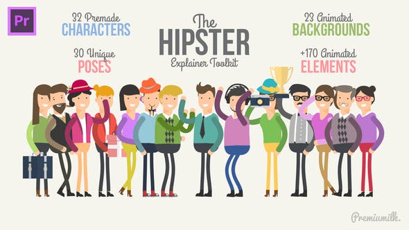 PR模板-时髦二维卡通人物动作场景介绍图标MG动画包 Hipster Explainer Toolkit Essential Graphics