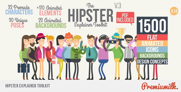 AE模板-1500种时髦二维卡通人物动作场景介绍图标MG动画 Hipster Explainer Toolkit & Flat Animated Icons Library