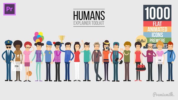 PR模板-二维卡通角色人物解说场景图标MG动画元素包 Humans Explainer Essential Graphics