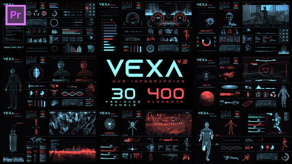 PR模板-380个未来数字科技HUD图形元素动画包 Vexa HUD Infographics Essential Graphics
