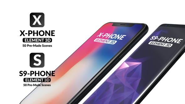 AE模板-50组三维手机平板电脑界面图文应用场景介绍 X-Phone Promo For Element 3D + S9