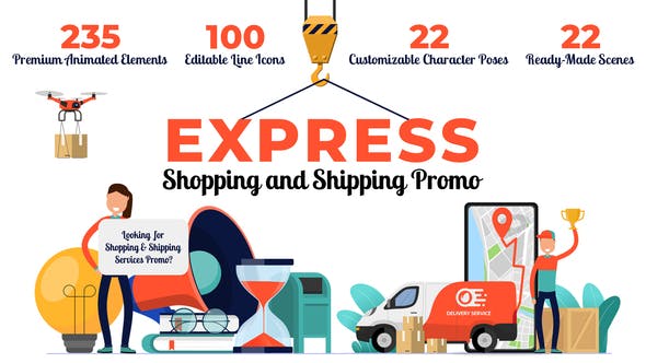 AE模板-扁平化二维卡通图标人物角色场景MG动画包 Express Shopping & Shipping Promo