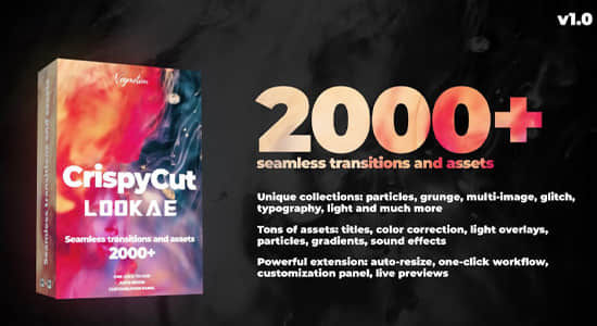AE脚本-2000个摄像机冲击扭曲故障光效粒子转场标题调色音效背景 CrispyCut