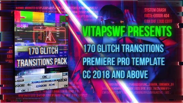 PR模板-170种信号故障干扰毛刺像素损坏抖动闪烁转场预设 Glitch Transitions Pack