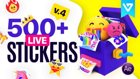 AE脚本/PR预设-200组综艺卡通花字表情贴纸标签动画 Live Stickers Library V3