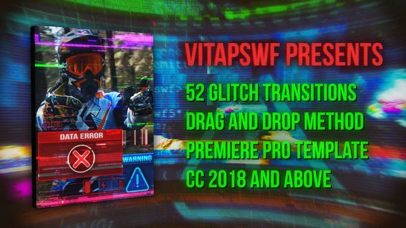 PR模板-52种赛博朋克故障干扰转场预设 Drag and Drop Glitch Transitions